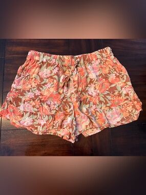 Floral Ruffle Hem Drawstring Women's Shorts - Coral Floral